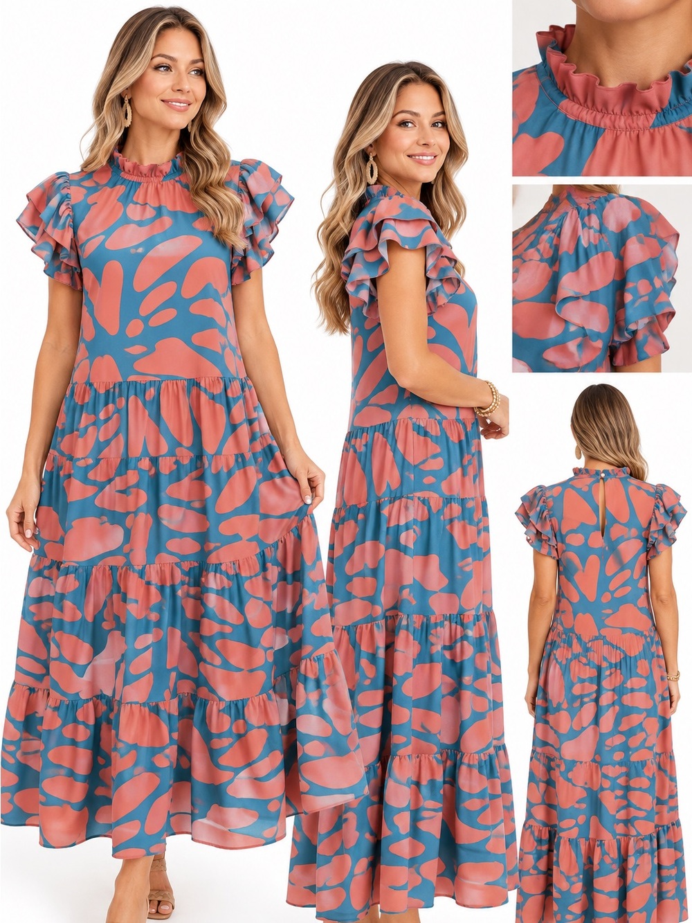 PINCH Women’s Large Teal Coral Abstract Tiered Maxi Dress Ruffle Sleeve Boho
